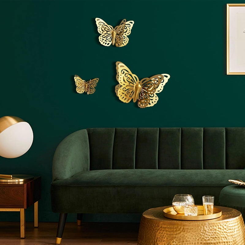 Remenna Gold Finish Metal Butterflies Wall Art Set of 3 Metal Wall Decor Butterfly Hanging Decor for Bedroom Bathroom Living Room Garden Kitchen - Image 3